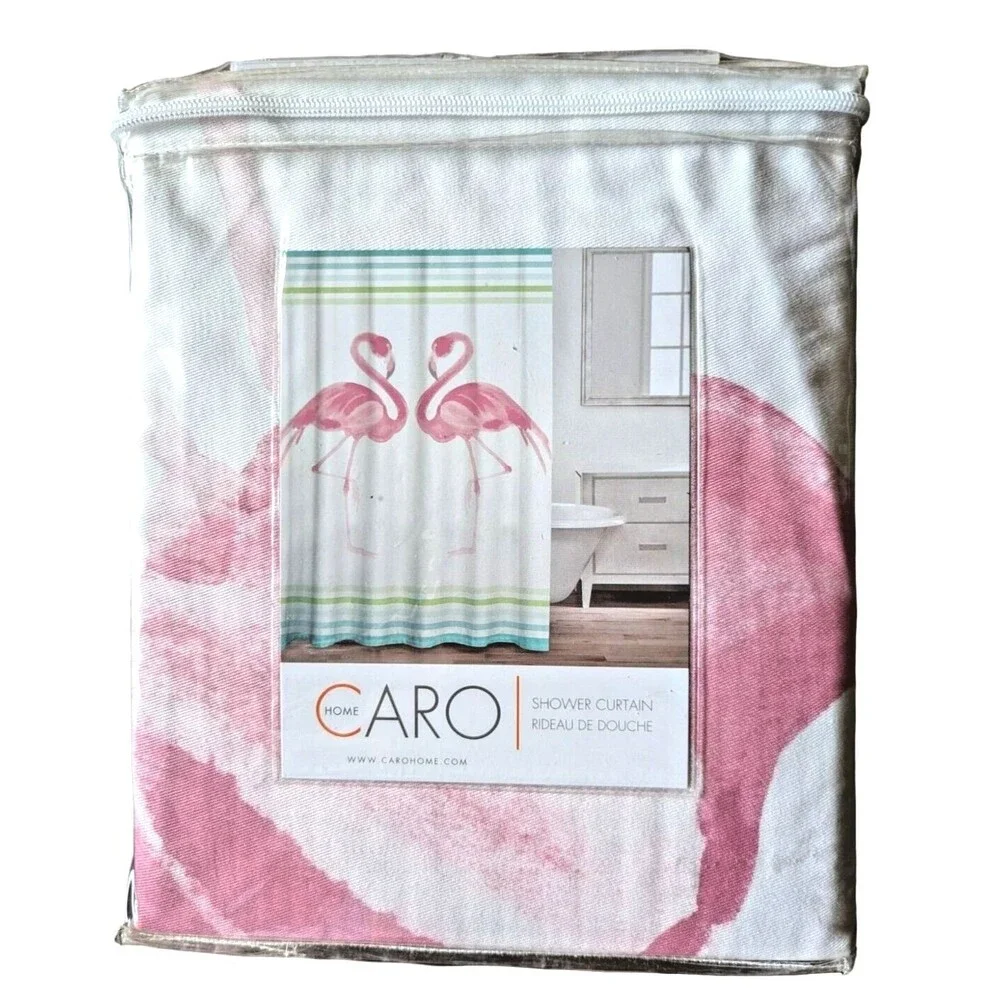 Caro Home Flamingo Shower Curtain 72-in Sq. Blue Green Stripes Cotton Bath NIP